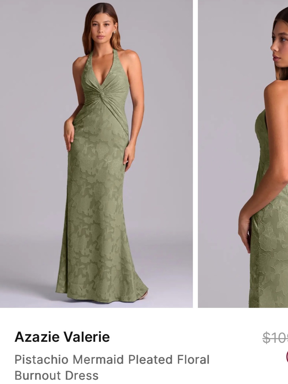 Azazie Valerie Pistachio Halter Backless Floral Burnout Gown